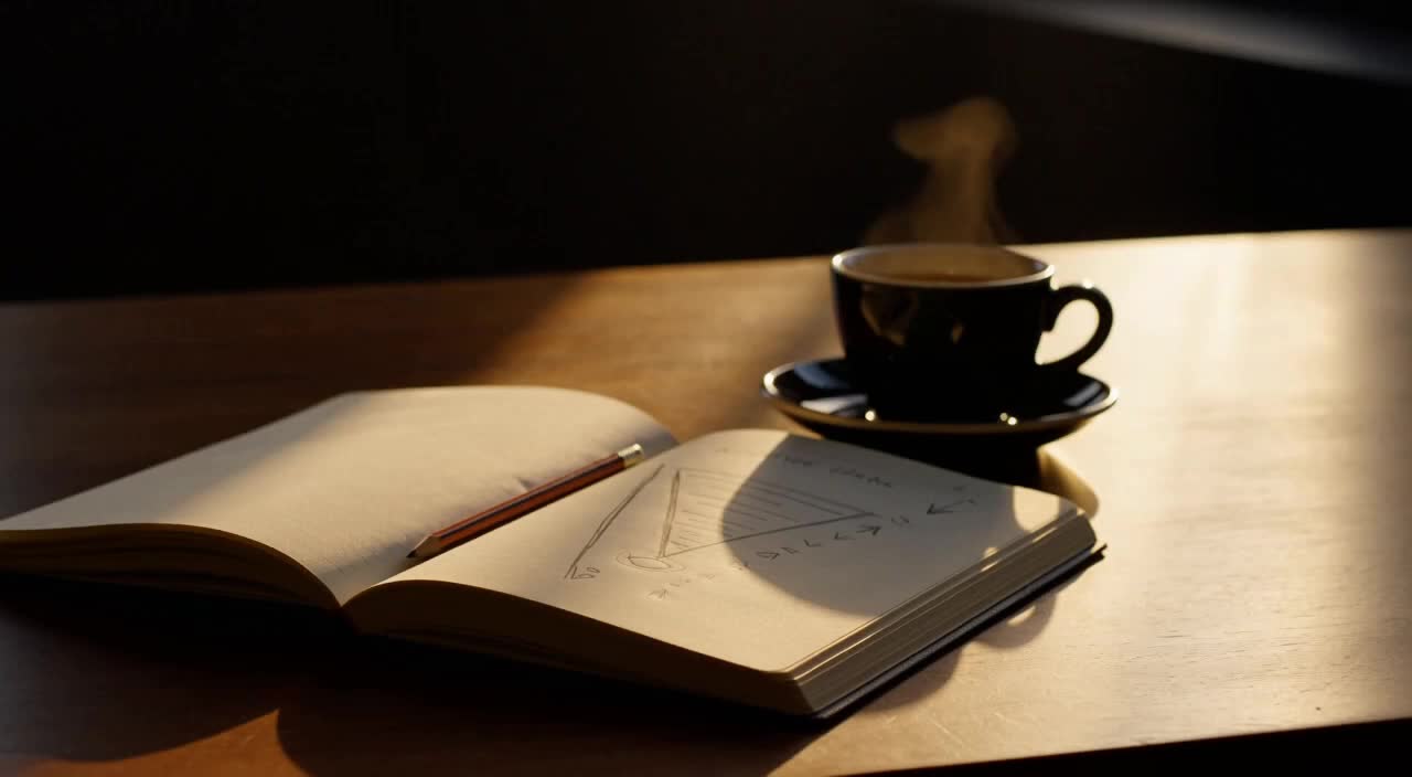 Un caiet deschis cu o pâlnie desenată de mână, lângă o ceașcă de cafea, în lumină caldă de dimineață.